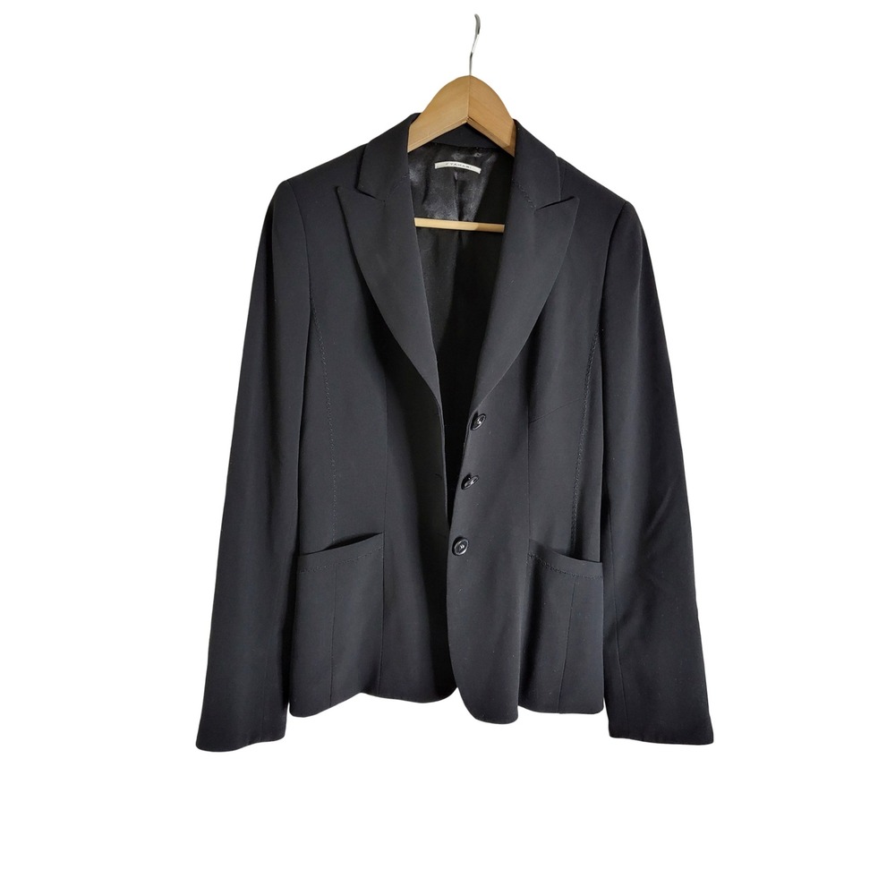 T Tahari Womens Black Three Button Stretch Blazer Jacket Size 6 Corporate Goth